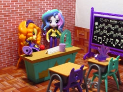 Size: 1000x750 | Tagged: safe, artist:whatthehell!?, adagio dazzle, princess celestia, principal celestia, equestria girls, apple, boots, chair, chalkboard, classroom, clothes, cup, desk, doll, equestria girls minis, food, gem, irl, photo, shoes, skirt, toy