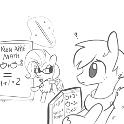 Size: 1280x1280 | Tagged: safe, artist:tjpones, big macintosh, rarity, earth pony, pony, unicorn, apple, black and white, chalkboard, fancy mathematics, female, food, freckles, glowing horn, grayscale, levitation, lineart, magic, math, monochrome, telekinesis