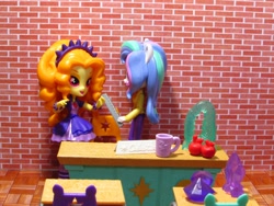 Size: 1000x750 | Tagged: safe, artist:whatthehell!?, adagio dazzle, princess celestia, principal celestia, equestria girls, apple, boots, chair, classroom, clothes, cup, desk, doll, equestria girls minis, food, gem, irl, photo, shoes, skirt, toy