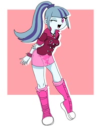 Size: 722x900 | Tagged: safe, artist:semi-kon, sonata dusk, equestria girls, abstract background, boots, clothes, cute, female, jewelry, necklace, one eye closed, ponytail, skirt, socks, solo, sonatabetes, wink