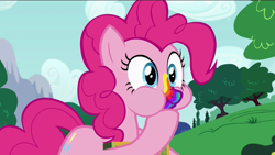 Size: 1280x722 | Tagged: safe, screencap, pinkie pie, pony, 28 pranks later, puffy cheeks, rainbow muzzle, scrunchy face, solo