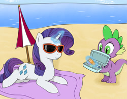 Size: 1694x1330 | Tagged: safe, artist:kirr12, rarity, spike, dragon, pony, unicorn, beach, duo, female, magic, male, mare, ocean, sand, shipping, sparity, straight, summer, sunglasses, umbrella