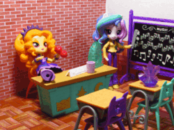 Size: 648x486 | Tagged: safe, artist:whatthehell!?, adagio dazzle, princess celestia, principal celestia, equestria girls, animated, apple, boots, chair, chalkboard, classroom, clothes, cup, desk, doll, equestria girls minis, feet on table, food, gem, irl, photo, shoes, skirt, stop motion, toy