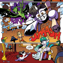 Size: 987x992 | Tagged: safe, artist:andypriceart, idw, blacktip, lord gestal, princess celestia, raven, abyssinian, alicorn, deer, dragon, griffon, pony, unicorn, my little pony: the movie, spoiler:comic, spoiler:comic62, comic, cropped, defenestration, dramatic entrance, female, like a boss, majestic as fuck, male, mare, official comic, parrot pirates, pirate, speech bubble, spread wings, wings