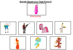 Size: 1082x739 | Tagged: safe, artist:fluffyt06, garble, lightning dust, pinkie pie, earth pony, pony, adventure time, crossover, finn the human, flame princess, pinkamena diane pie, princess bubblegum, samurai jack, sniper, suicide squad, team fortress 2