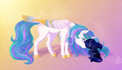 Size: 2192x1250 | Tagged: safe, artist:silverwolf866, princess celestia, princess luna, alicorn, pony, blank flank, cloven hooves, colored eyelashes, colored fluff, colored wings, colored wingtips, cute, cutelestia, duo, eyes closed, female, filly, gradient background, leg fluff, lunabetes, mare, royal sisters, siblings, sisters, smiling, tail feathers, woona, younger