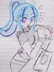 Size: 1295x1721 | Tagged: safe, artist:orochivanus, sonata dusk, equestria girls, blushing, caught, clothes, eating, food, lined paper, open mouth, ponytail, skirt, solo, traditional art