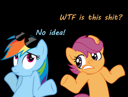 Size: 732x556 | Tagged: safe, derpibooru import, rainbow dash, scootaloo, pegasus, pony, duo, duo female, female, reaction image, scrunchy face, shrug, sunglasses, vulgar