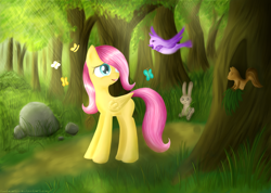 Size: 1024x731 | Tagged: safe, artist:fantazerko, fluttershy, bird, pegasus, pony, female, mare, pink mane, yellow coat