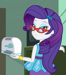 Size: 633x720 | Tagged: safe, screencap, rarity, better together, equestria girls, happily ever after party, happily ever after party: rarity, cropped, female, glasses, glasses rarity, looking at you, looking back, looking back at you, projector, rarity's glasses, solo