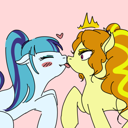 Size: 1000x1000 | Tagged: safe, artist:raika0306, adagio dazzle, sonata dusk, blushing, female, heart, lesbian, licking, ponified, shipping, sonagio, surprised, tongue out