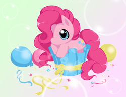 Size: 800x618 | Tagged: safe, artist:rhela, pinkie pie, earth pony, pony, balloon, chibi, confetti, cupcake, cute, diapinkes, food, gradient background, hair over one eye, leaning, looking up, no mouth, solo