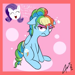 Size: 1900x1900 | Tagged: safe, artist:asajiopie01, derpibooru import, rainbow dash, rarity, pegasus, pony, unicorn, alternate hairstyle, darling, eyeshadow, forced makeover, lost bet, makeup, missing horn, unamused