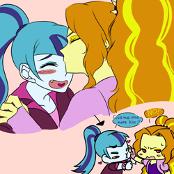 Size: 1000x1000 | Tagged: safe, artist:raika0306, adagio dazzle, sonata dusk, equestria girls, rainbow rocks, annoyed, blushing, cute, dialogue, fangs, female, heart, kissing, lesbian, shipping, sonagio