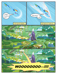 Size: 612x792 | Tagged: safe, artist:newbiespud, derpibooru import, edit, edited screencap, screencap, rainbow dash, pegasus, pony, comic:friendship is dragons, comic, dialogue, female, flying, implied fluttershy, map, map of equestria, mare, screencap comic