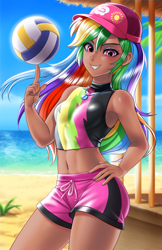 Size: 800x1237 | Tagged: safe, artist:racoonsan, color edit, derpibooru import, edit, editor:drakeyc, rainbow dash, equestria girls, equestria girls series, forgotten friendship, adorasexy, anime, armpits, beach, belly button, bikini, board shorts, breasts, clothes, colored, cute, dark skin, dashabetes, delicious flat chest, equestria girls outfit, female, fit, hat, human coloration, kotobukiya, kotobukiya rainbow dash, looking at you, midriff, rainbow flat, sexy, shorts, skin color edit, solo, sports, swimsuit, tan, tankini, thighs, volleyball