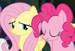 Size: 782x534 | Tagged: safe, screencap, fluttershy, pinkie pie, earth pony, pegasus, pony, daring don't, cropped, eyes closed, fluttershy is not amused, unamused, zoomed in