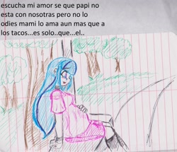 Size: 2259x1946 | Tagged: safe, artist:orochivanus, sonata dusk, equestria girls, bench, crying, lined paper, pregnant, sitting, solo, spanish, traditional art, translated in the description, tree