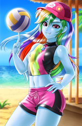 Size: 800x1237 | Tagged: safe, artist:racoonsan, color edit, derpibooru import, edit, editor:drakeyc, rainbow dash, better together, equestria girls, forgotten friendship, adorasexy, anime, armpits, beach, beautiful, belly button, bikini, blue skin, board shorts, breasts, clothes, colored, cute, dashabetes, delicious flat chest, equestria girls outfit, female, fit, hand on hip, hat, legs, looking at you, midriff, rainbow flat, sexy, shorts, skin color edit, solo, sports, swimsuit, tankini, thighs, tomboy, volleyball