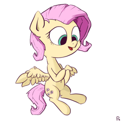 Size: 800x800 | Tagged: safe, artist:p4r4n0e4c, fluttershy, pegasus, pony, belly button, hooves together, looking away, looking down, open mouth, simple background, sitting, solo, spread wings, white background