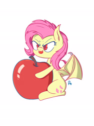 Size: 1536x2048 | Tagged: safe, artist:p4r4n0e4c, fluttershy, bat pony, pony, apple, flutterbat, food, holding, open mouth, race swap, red eyes, simple background, sitting, solo, spread wings, white background