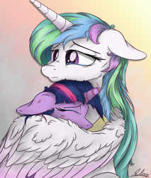 Size: 1700x2000 | Tagged: safe, artist:check3256, princess celestia, twilight sparkle, twilight sparkle (alicorn), alicorn, pony, broken horn, bruised, colored wings, colored wingtips, comforting, crying, duo, female, floppy ears, hug, mare, momlestia, sad, sadlestia, security hug, winghug