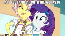 Size: 888x499 | Tagged: safe, edit, edited screencap, screencap, rarity, vignette valencia, better together, equestria girls, rollercoaster of friendship, caption, duo, duo female, female, image macro, implied lesbian, meme, text