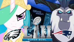 Size: 1920x1080 | Tagged: safe, artist:craftybrony, princess celestia, storm king, alicorn, pony, my little pony: the movie, american football, new england patriots, nfl, nfl playoffs, obligatory pony, philadelphia eagles, sports, super bowl, super bowl lii, vector