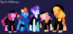 Size: 1050x492 | Tagged: safe, artist:spudsmcfrenzy, derpibooru import, applejack, fluttershy, pinkie pie, rainbow dash, rarity, earth pony, pegasus, pony, unicorn, comic:skinwalker, clothes, crying, female, inkieverse, mare, skirt