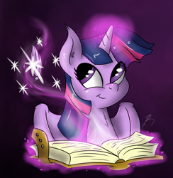 Size: 1280x1312 | Tagged: safe, artist:jorobro, derpibooru import, twilight sparkle, twilight sparkle (alicorn), alicorn, pony, book, female, magic, mare, purple background, quill, simple background, solo, writing