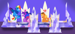 Size: 2243x1018 | Tagged: safe, artist:spudsmcfrenzy, derpibooru import, applejack, fluttershy, pinkie pie, rainbow dash, twilight sparkle, twilight sparkle (alicorn), alicorn, earth pony, pegasus, pony, comic:skinwalker, cutie map, female, friendship throne, inkieverse, mare, sitting, story included