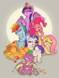 Size: 3000x4000 | Tagged: safe, artist:emerald-light, derpibooru import, applejack, fluttershy, pinkie pie, rainbow dash, rarity, spike, twilight sparkle, twilight sparkle (alicorn), alicorn, dragon, earth pony, pegasus, pony, unicorn, angry, arrogant, bedroom eyes, big crown thingy, blushing, claws, covering eyes, cowboy hat, crossed arms, crossed legs, cupcake, dragon hoard, eating, element of magic, evil grin, female, food, frog (hoof), furious, gem, glare, greed spike, greedy, grin, gritted teeth, hair flip, hat over eyes, high res, hoof hold, jealous, jewelry, lazy, looking at you, male, mane hold, mane seven, mane six, mare, multicolored hair, pinkie being pinkie, ponytail, pouting, rariflirt, regalia, seven deadly sins, sin of envy, sin of gluttony, sin of greed, sin of lust, sin of pride, sin of sloth, sin of wrath, slit eyes, smiling, smirk, spread wings, stetson, straw in mouth, underhoof, vein bulge, wall of tags, winged spike