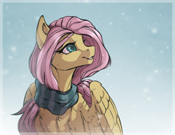 Size: 1360x1050 | Tagged: safe, artist:kerydarling, fluttershy, pegasus, pony, chest fluff, clothes, head turn, looking up, scarf, sitting, snow, snowfall, solo, wings