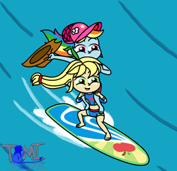 Size: 1466x1414 | Tagged: safe, artist:tommychipmunk, derpibooru import, applejack, rainbow dash, equestria girls, appledash, clothes, cute, dashabetes, feet, female, hat, jackabetes, legs, lesbian, midriff, shipping, surfboard, surfing, swimsuit