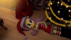 Size: 3840x2160 | Tagged: safe, artist:efk-san, derpibooru import, fluttershy, equestria girls, 3d, blender, christmas, christmas lights, christmas tree, clothes, female, floor, hat, holiday, santa hat, solo, tree, wallpaper