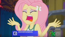 Size: 770x434 | Tagged: safe, screencap, fluttershy, equestria girls, legend of everfree, discovery kids, open mouth, solo