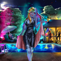 Size: 4000x4000 | Tagged: safe, artist:ringekochan, derpibooru import, pinkie pie, rainbow dash, rarity, equestria girls, balloon, black dress, breasts, cleavage, clothes, commissioner:ajnrules, digital art, dress, faint, lipstick, little black dress, moon, night, party, rainbow dash always dresses in style, sexy, sinfully sexy, stars, stupid sexy rainbow dash, swimming pool, towel, umbrella, water, wet clothes, wet dress