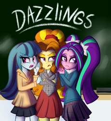 Size: 1024x1113 | Tagged: safe, artist:wubcakeva, adagio dazzle, aria blaze, sonata dusk, equestria girls, chalkboard, clothes, crossed arms, heathers, parody, pigtails, skirt, the dazzlings, trio, twintails