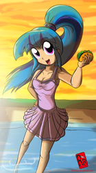 Size: 1383x2476 | Tagged: safe, artist:ryured, sonata dusk, equestria girls, rainbow rocks, beach, breasts, cleavage, clothes, female, food, human coloration, looking at you, open mouth, request, requested art, smiling, solo, sonataco, sunset, swimsuit, taco