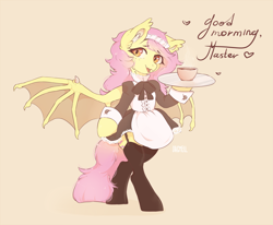 Size: 3319x2735 | Tagged: safe, artist:dagmell, fluttershy, bat pony, pony, semi-anthro, clothes, dress, female, flutterbat, heart, looking at you, maid, mare, master, race swap, simple background, solo, speech, talking to viewer, tray