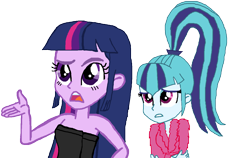 Size: 1400x885 | Tagged: safe, artist:ktd1993, artist:lanoflutter, sonata dusk, twilight sparkle, equestria girls, rainbow rocks, bathrobe, clothes, dress, female, lesbian, shipping, twinata