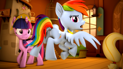 Size: 3840x2160 | Tagged: safe, artist:psfmer, derpibooru import, applejack, rainbow dash, twilight sparkle, earth pony, pegasus, pony, unicorn, keep calm and flutter on, 3d, 4k, big crown thingy, butt, dock, duo, element of loyalty, element of magic, elements of harmony, female, fluttershy's cottage, flying, jewelry, plot, regalia, scene interpretation, source filmmaker