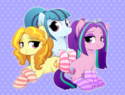 Size: 2800x2130 | Tagged: safe, artist:moozua, adagio dazzle, aria blaze, sonata dusk, equestria girls, abstract background, clothes, cute, equestria girls ponified, ponified, smiling, socks, striped socks, the dazzlings