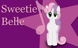 Size: 1920x1200 | Tagged: safe, artist:mfg637, derpibooru import, sweetie belle, pony, unicorn, 16:10, 1920x1200, caption, female, filly, foal, front view, looking at you, music notes, purple background, simple background, smiling, solo, standing, stars, vector, wallpaper