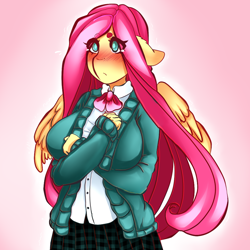 Size: 1024x1024 | Tagged: safe, artist:tolsticot, fluttershy, anthro, arm under breasts, big breasts, blushing, breasts, clothes, colored sketch, crying, female, hootershy, school uniform, solo