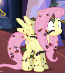 Size: 655x728 | Tagged: safe, screencap, fluttershy, bat, beetle, centipede, insect, pegasus, pony, rat, snake, spider, every little thing she does, bug armor, creepy crawlies, cropped, fangs, female, fiducia compellia, hypnosis, hypnotized, mare, millipede, nightmare fuel, nope armor, smiling, solo, spread wings, wings, you know for kids