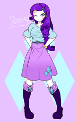 Size: 500x800 | Tagged: safe, artist:fish_msi_mn, rarity, equestria girls, abstract background, female, hands behind back, hands on waist, looking at you, one eye closed, smiling, solo, wink