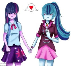 Size: 1087x1010 | Tagged: safe, artist:amuxjoker, sonata dusk, twilight sparkle, equestria girls, clothes, female, heart, holding hands, lesbian, ponytail, shipping, simple background, skirt, twinata