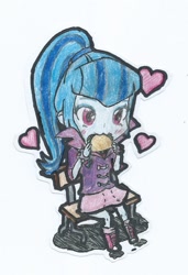 Size: 877x1284 | Tagged: safe, artist:suparogue, sonata dusk, equestria girls, bench, blushing, chibi, food, heart, nom, solo, sonataco, taco, traditional art