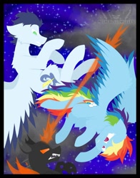 Size: 1100x1400 | Tagged: safe, artist:pegacousin, artist:pegacousinceles, derpibooru import, rainbow dash, soarin', changeling, pegasus, pony, backwards cutie mark, comrades, female, fight, flying, magic, male, night, orange changeling, shipping, sky, soarindash, stars, straight